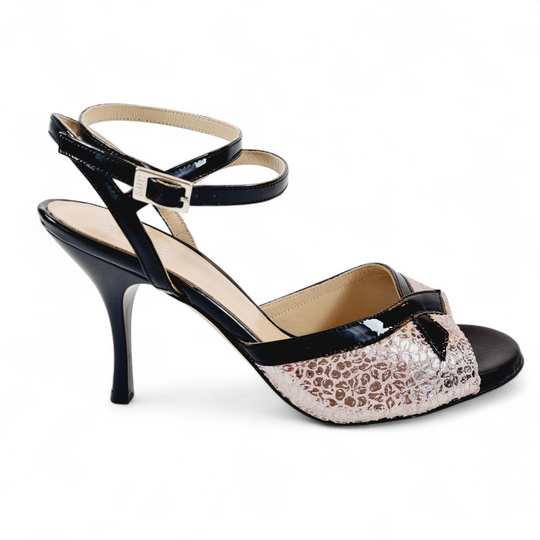 MUSIDORA   Stampa Fiori Lamè -  Vernice Nero  tacco 8