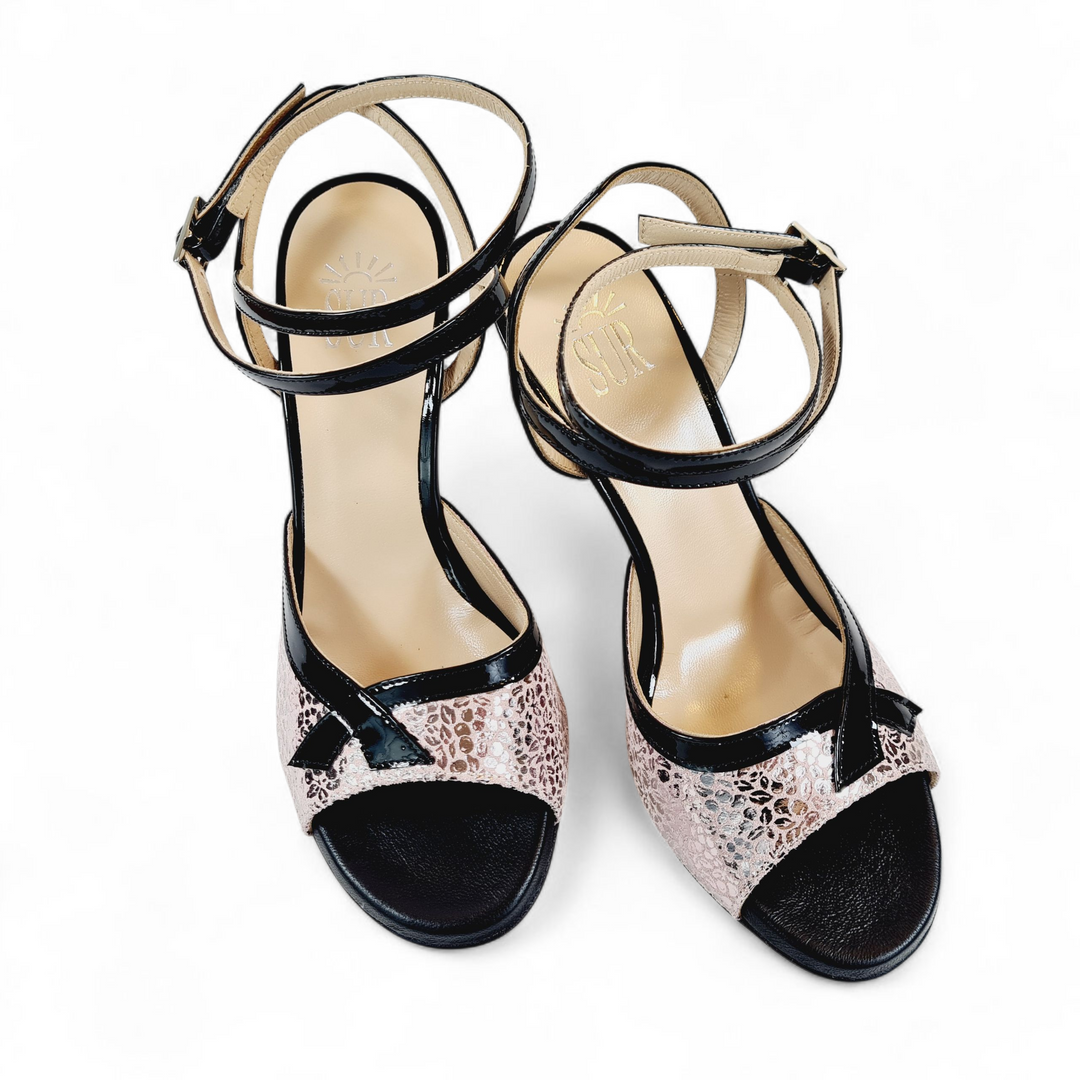 MUSIDORA   Stampa Fiori Lamè -  Vernice Nero  tacco 8