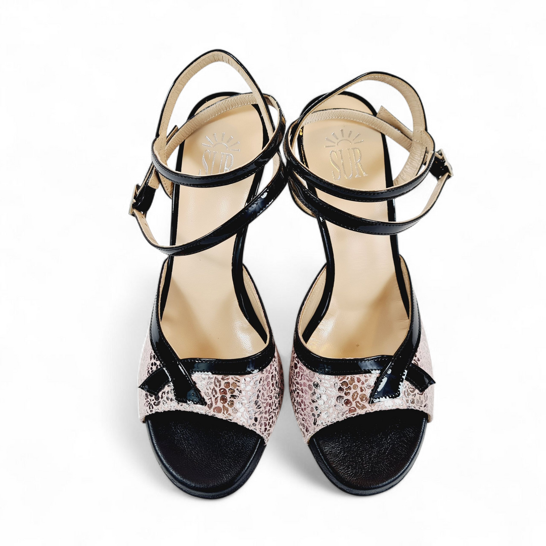 MUSIDORA   Stampa Fiori Lamè -  Vernice Nero  tacco 8