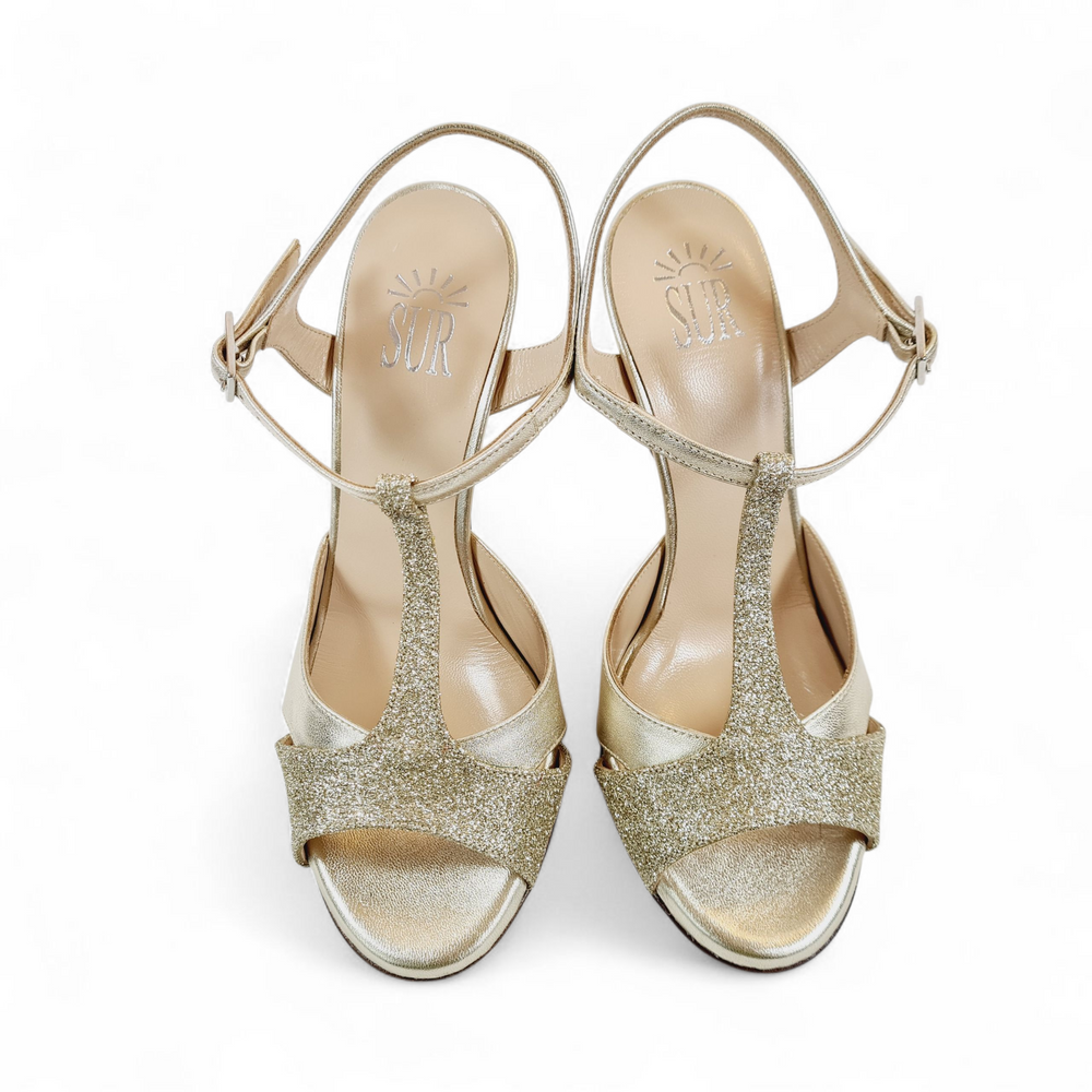 CORINNA Laminato e Miniglitter  Platino  tacco 10