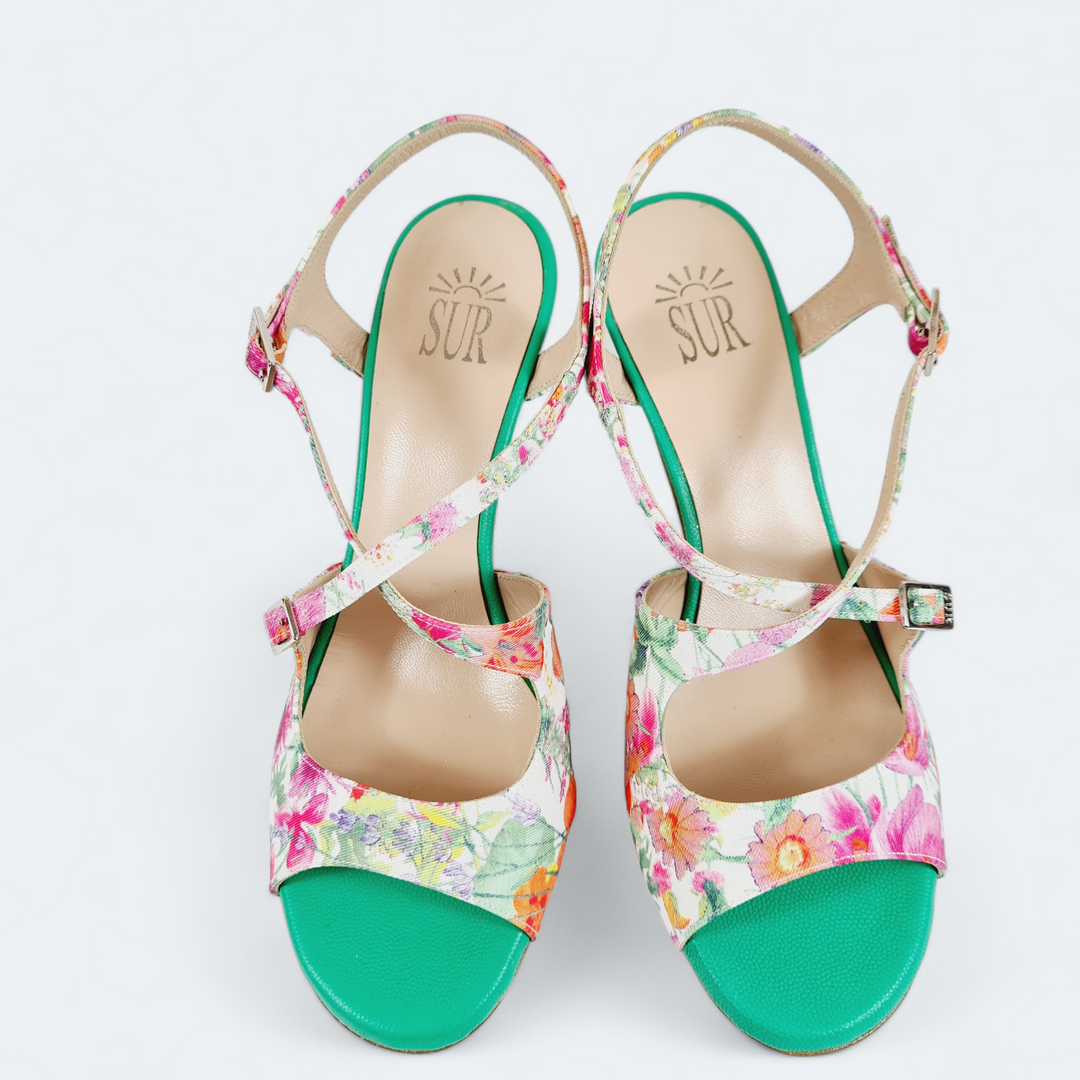 DITA-F  Tessuto Fiori Verde tacco 7