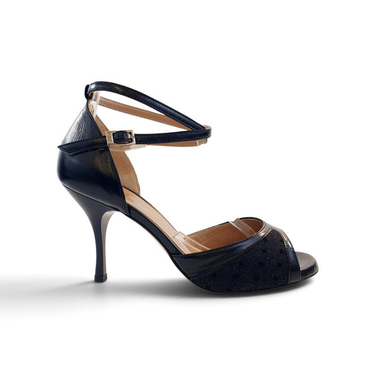 FARAH-TURANDOT   Miniglitter pois- Capretto Nero  tacco 8