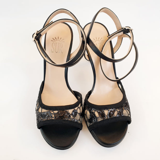 FEMME Rete Paillettes Ricamo Nero tacco 8