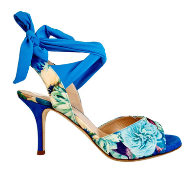 PALOMA Satin Blue Flowers Heel 8 BO